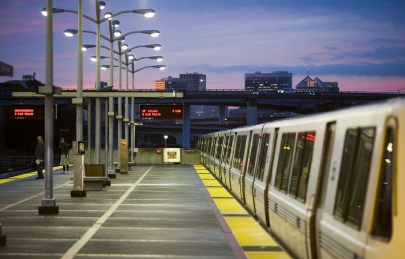 Rapid transit station empty at night.