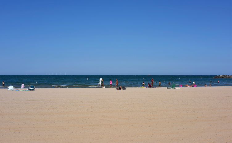 Turbines in the distance at a beach.
