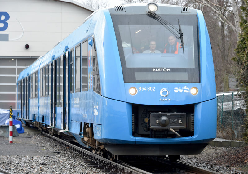 A blue hydrogen-powered train.