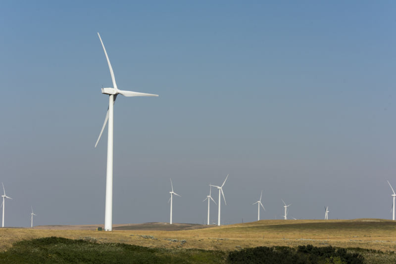 Wind turbines on private working ranch land on August 1, 2017 near Kevin, Montana.