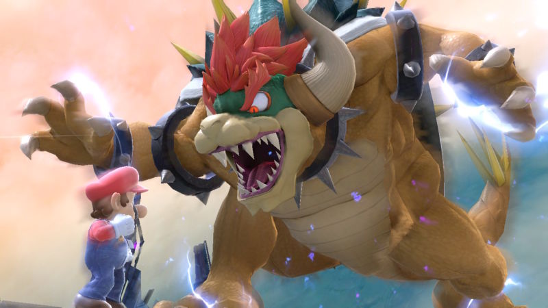 Promotional image from a video game featuring plumber Mario being threatened by malevolent turtle Bowser.