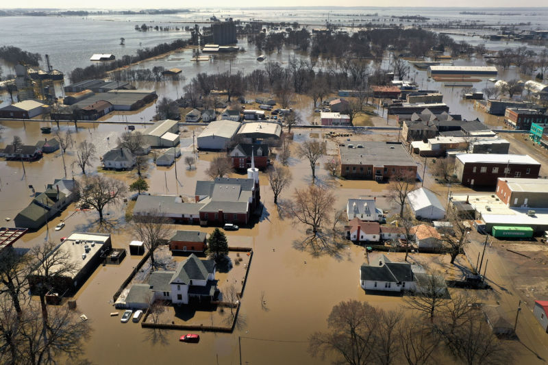 HAMBURG, IOWA - MARCH 20:  Homes and businesses are surrounded by floodwater on March 20, 2019 in Hamburg, Iowa. 
