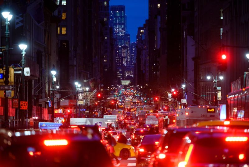 Cars are seen in a traffic jam in their evening commute on the 5th Avenue on February 27, 2019 in New York City. 