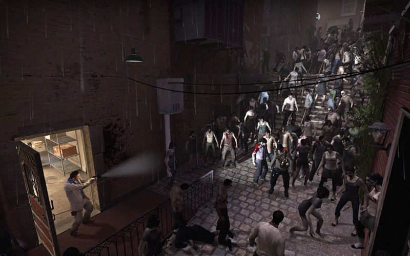 Artist's conception of <em>Left 4 Dead</em> fans searching aimlessly for a new co-op zombie shooter for the last ten years.