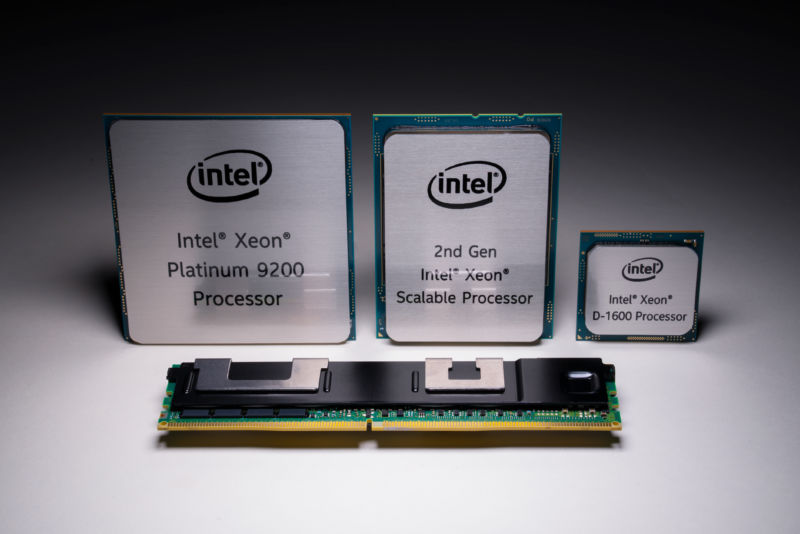 Left-to-right: Cascade Lake Xeon AP, Cascade Lake Xeon SP, Broadwell Xeon D-1600, and up front Optane DC Persistent Memory.