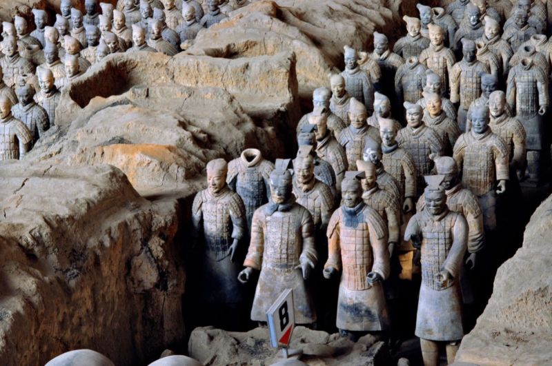 View of Pit 1 of the Terracotta Army showing the hundreds of warriors once armed with bronze weapons.