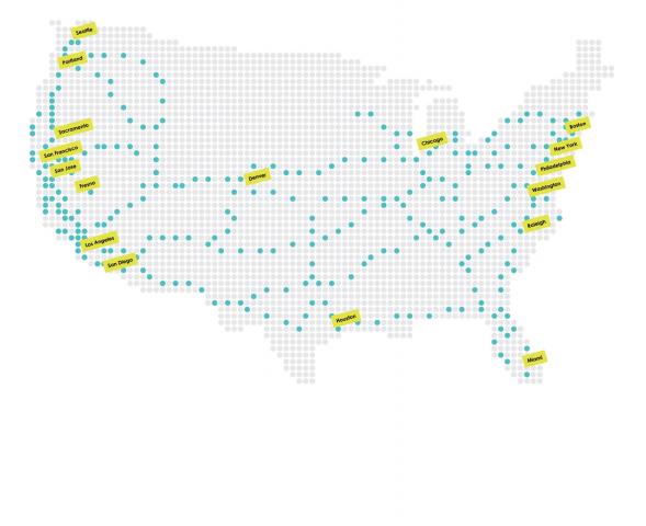 The map of Electrify America's network at the end of 2019