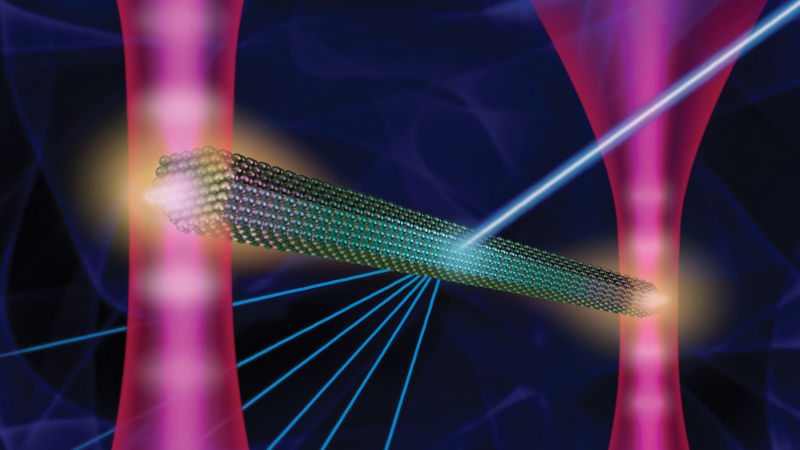 Image of multiple beams of light entering a device and exiting as a single beam.