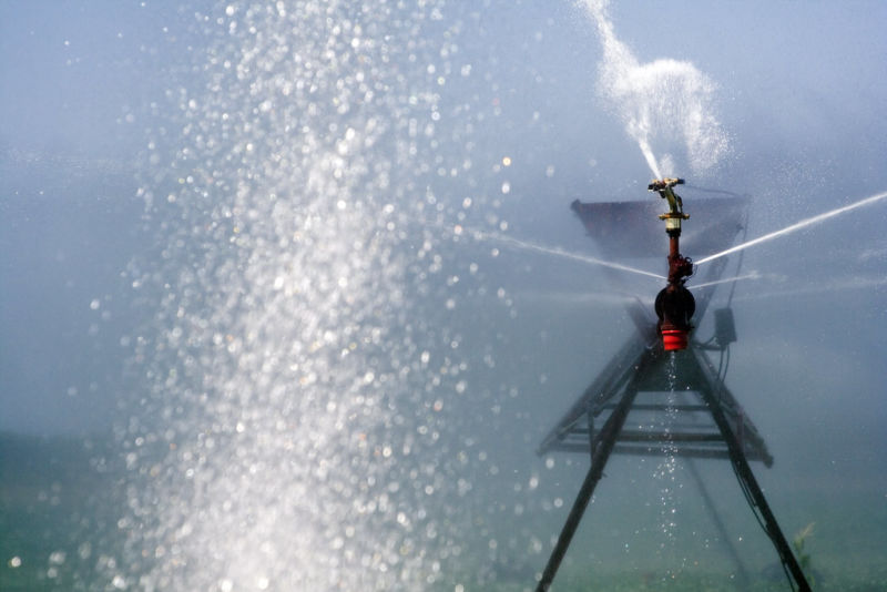 An irrigation system working in a field of soybeans. As surface water becomes less reliable in the face of climate change, groundwater will become an increasingly crucial resource.