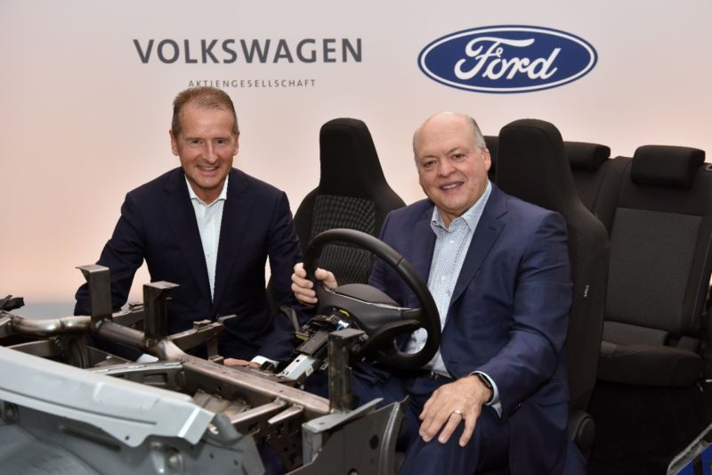 Volkswagen CEO Dr. Herbert Diess (L) and Ford President and CEO Jim Hackett (R) announced their companies are expanding their global alliance to include electric vehicles and will collaborate with Argo AI to introduce autonomous vehicle technology in the U.S. and Europe.