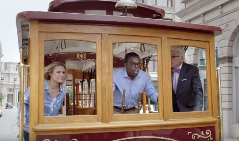 Image showing actors at the controls of a trolley.