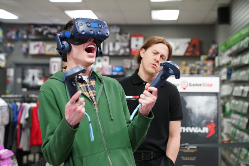 Artist's conception of a customer virtually experiencing a world without GameStop.