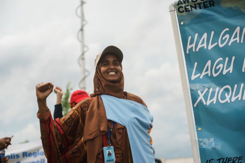 A protestor outside an Amazon warehouse in Shakopee, Minnesota on July 15, 2019.