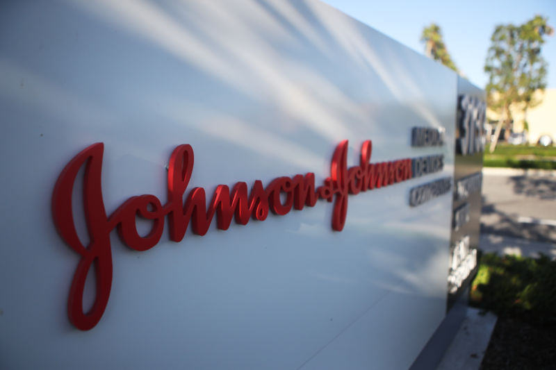 IRVINE, CALIFORNIA - AUGUST 26:  A sign is posted at the Johnson & Johnson campus on August 26, 2019 in Irvine, California. A judge has ordered the company to pay $572 million in connection with the opioid crisis in Oklahoma.  (Photo by Mario Tama/Getty Images)