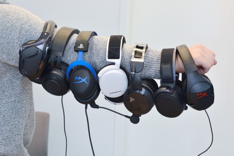 Just an armful of the gaming headsets we tested.