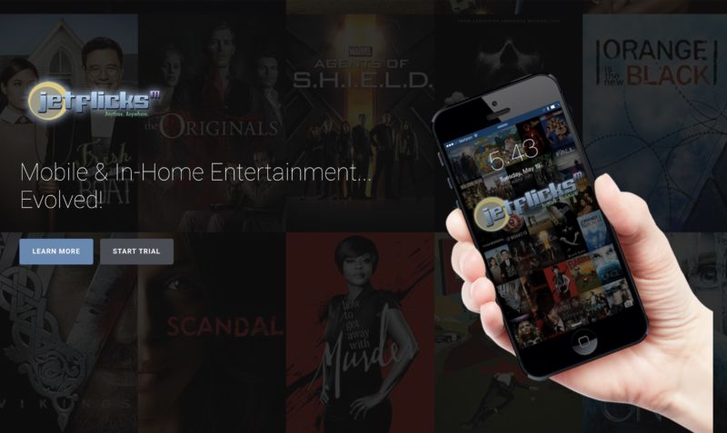 Screen capture of the Jetflicks website in 2016 shows the video streaming service on a smartphone.