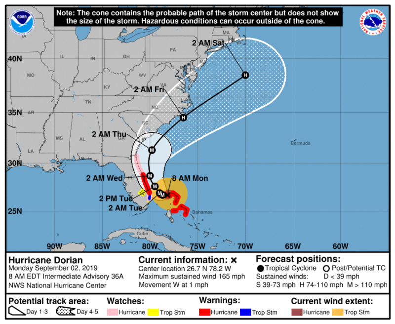 Official forecast track for Hurricane Dorian as of 8am ET.