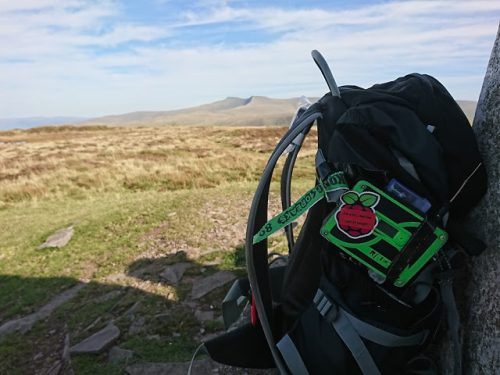 A green 3D-printed case with a Raspberry Pi sticker on it, on a black backpack leaning against a cairn. In the background are a sunny mountain top, distant peaks, and a blue sky with white clouds.