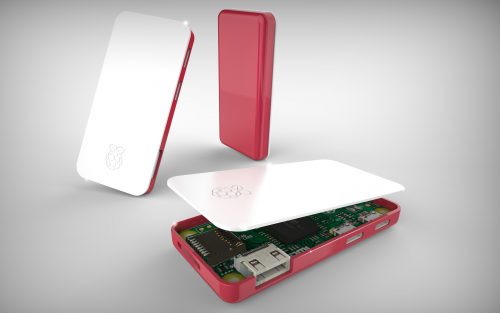 Photo of three Raspberry Pi Zero cases from three different angles, showing the lid of a closed case, the base of a closed case, and an open case with an apparently floating lid and a Raspberry Pi Zero visible inside.