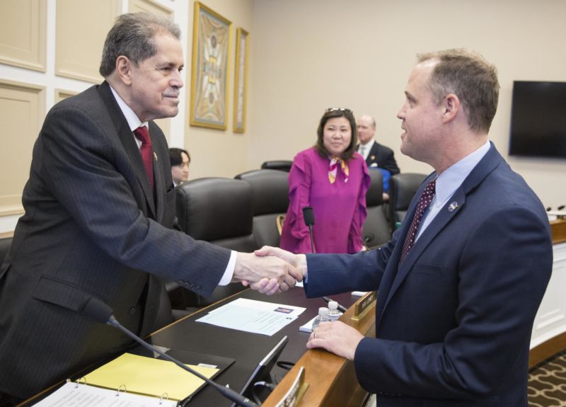 NASA Administrator Jim Bridenstine, right, is seen with Representative José Serrano, D-NY, in March, 2019.