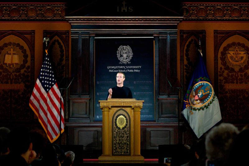 “I’m here today because I believe we must continue to stand for free expression,” Facebook CEO Mark Zuckerberg told an audience at Georgetown University Thursday.