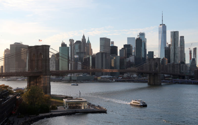 Daytime city skyline next to harbor.