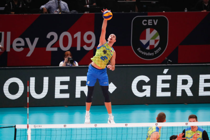 PARIS, FRANCE - Alen Pajenk #2 of Slovenia serves the ball during the EuroVolley 2019 Final match between Serbia and Slovenia at AccorHotels Arena on September 29, 2019 in Paris, France.