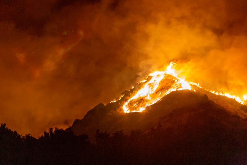 SOMIS, CA - NOVEMBER 01: The Maria Fire burns on a hillside as it expands up to 8,000 acres on its first night on November 1, 2019 near Somis, California. Southern California has been hit by a series of dangerous, fast-moving wildfires this week as Santa Ana Winds ushered in strong gusts up to 80mph and extremely low humidity.  (Photo by David McNew/Getty Images)