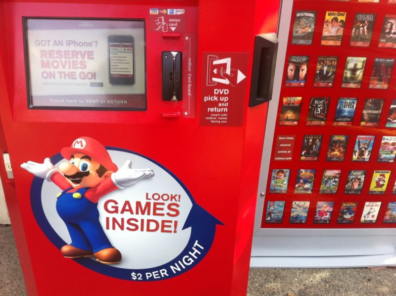 Amateur photograph of a Redbox rental station.