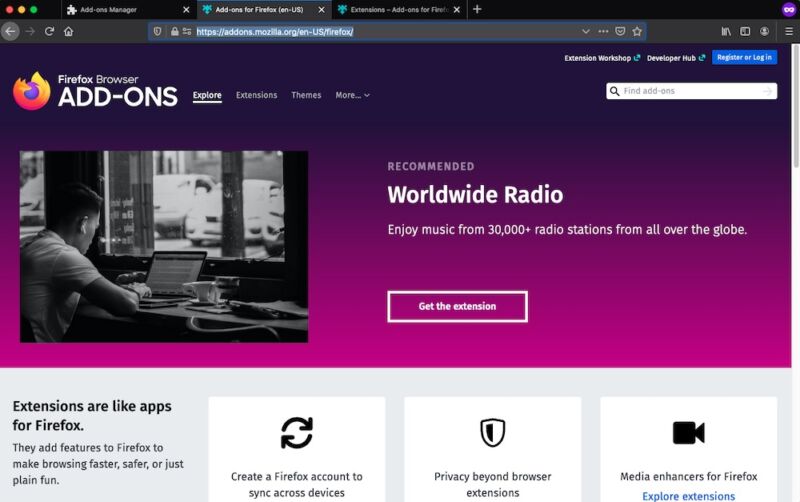 Screenshot of the Mozilla add-ons page.