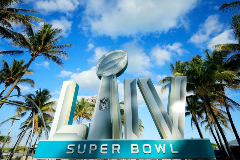 A sign that says Super Bowl 54 outdoors in Miami.