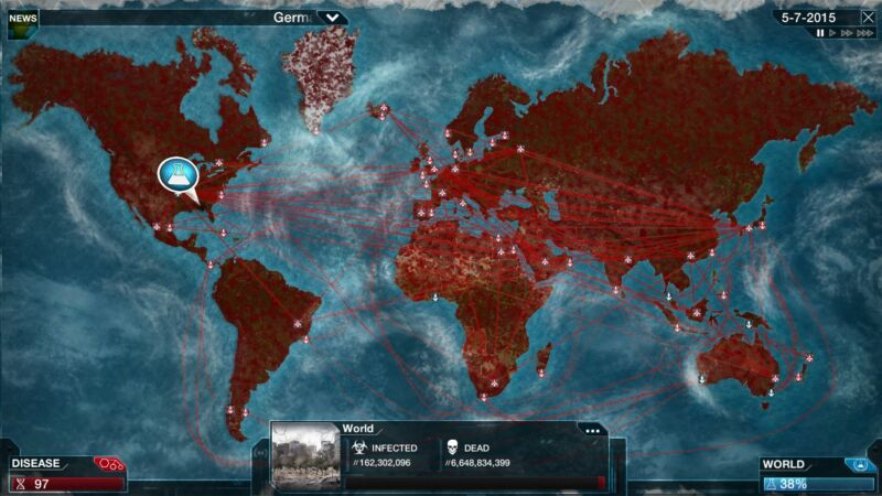 A scene from <em>Plague Inc.</em> that should <em>not</em> serve as a model for the spread of coronavirus.