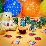 A celebratory photo of a birthday party for Raspberry Pi computers