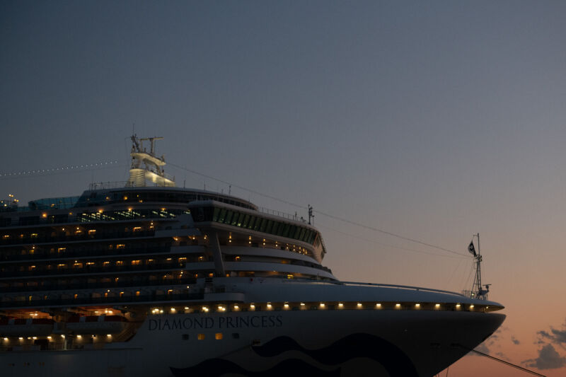 A cruise ship sits in a dock at dusk.