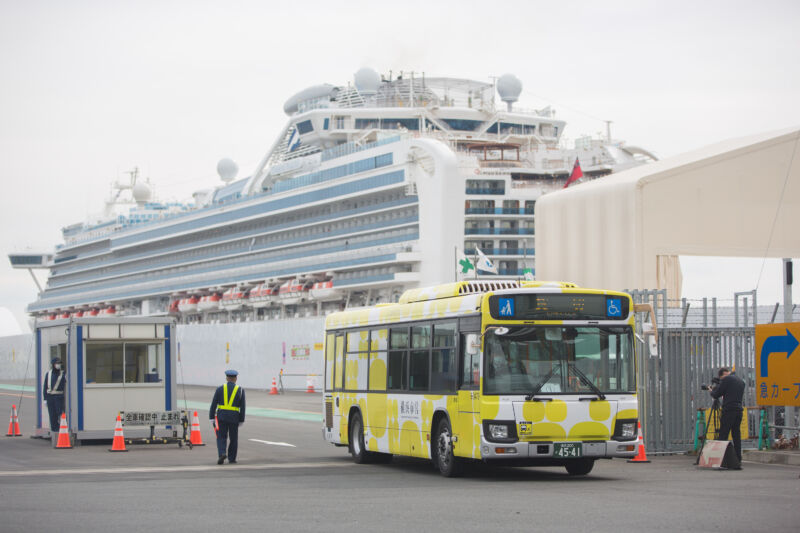 OKOHAMA, JAPAN - 2020/02/20: Former passengers of the Diamond Princess cruise ship leave on a chartered bus after spending weeks on board in quarantine.