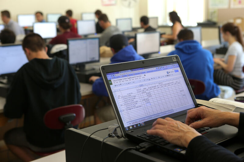 Students use Google Suite apps on computers in a classroom in Groton, Mass. on May 11, 2016.