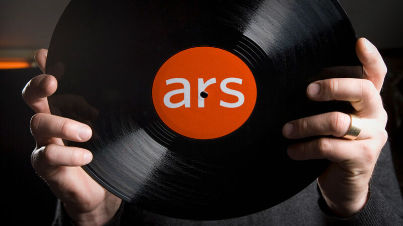 Illustration of a person's hands holding up a vinyl record, which has an Ars Technica logo.
