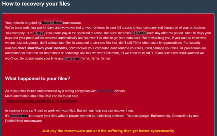 A note left behind by the RobbinHood malware.
