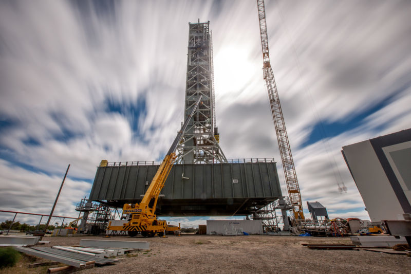 A long-exposure view of the mobile launcher at NASA's Kennedy Space Center in Florida.
