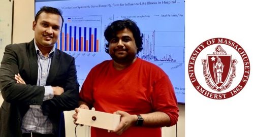 A photo of Forsad Al Hossain and Tauhidur Rahman with the FluSense device alongside a logo from the Amherst University of Massachusetts
