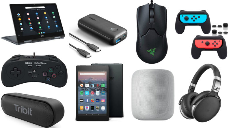Photo collage of consumer electronic devices.