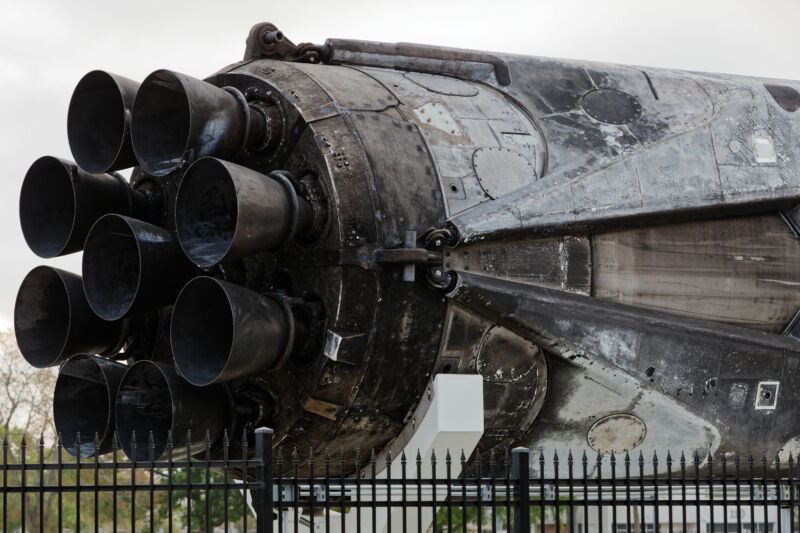 The business end of Falcon 9 serial B1035, now on permanent static display at Space Center Houston.