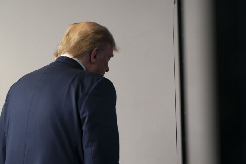US President Donald Trump departs from a news conference at the White House in Washington D.C., U.S. on Thursday, April 16, 2020. Some U.S. states and employers may be able to abandon most social distancing practices to curb the coronavirus outbreak within four weeks under guidelines the Trump administration issued to governors on Thursday.