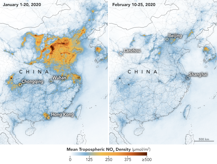 Map of China with before and after satellite pollution measurements.