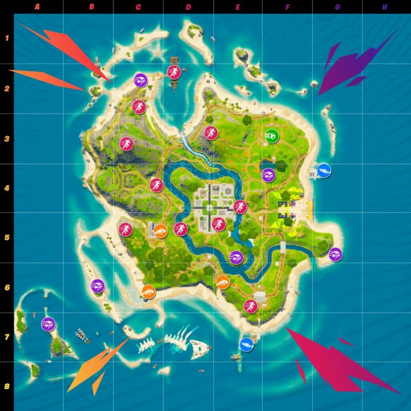 The Papaya map for <em>Fortnite</em>'s "Party Royale" mode features apparent icons for racing, gliding, and a soccer match