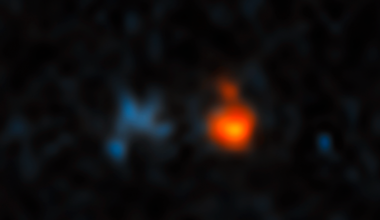 Image of a blue smear next to an orange spot.