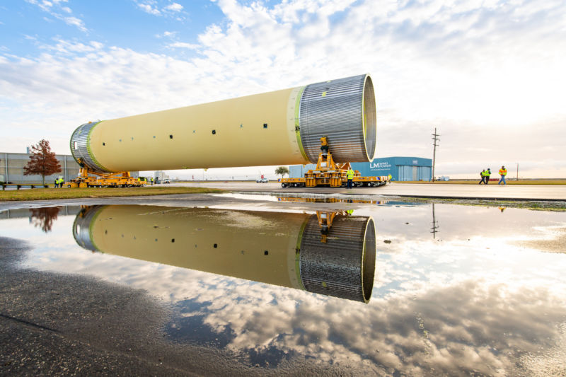 Technicians at NASA’s Michoud Assembly Facility in New Orleans moved the Space Launch System's liquid hydrogen tank from the factory to the dock, where it was loaded onto the Pegasus barge on Dec. 14, 2018.