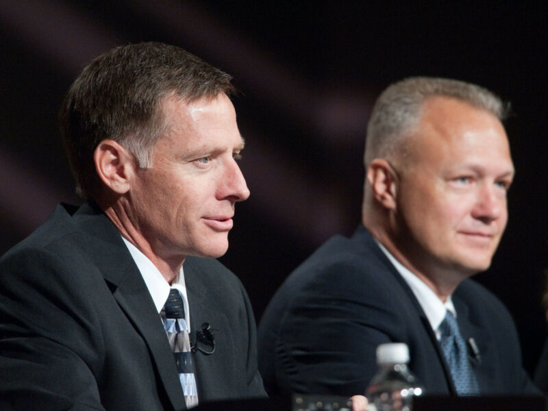 NASA astronauts Chris Ferguson (left), STS-135 commander; and Doug Hurley, pilot, at a 2011 news conference.