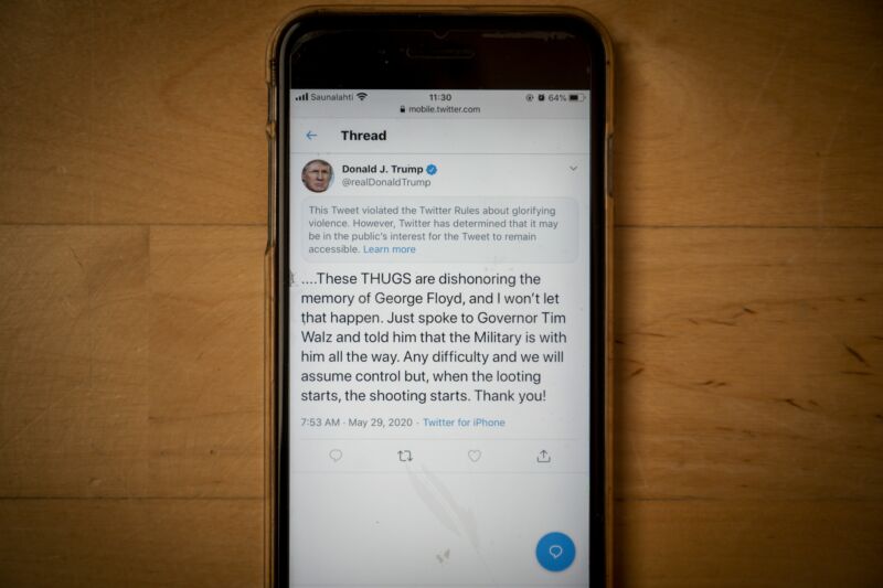 The twitter page of US President Donald Trump is displayed on a mobile phone in Vaasa, Finland, on May 29, 2020.