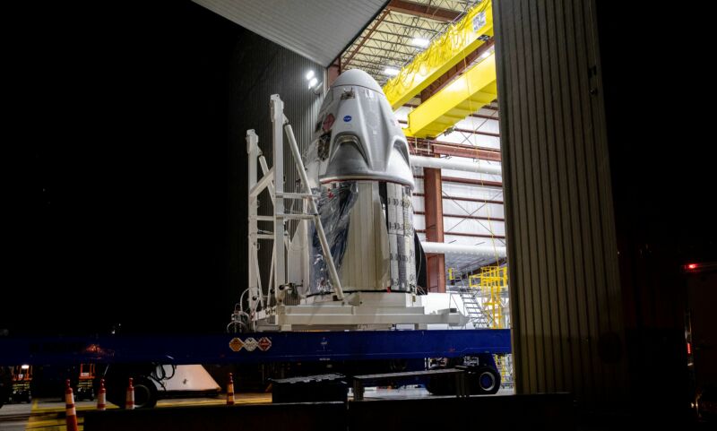 The SpaceX Crew Dragon spacecraft arrives at Launch Complex 39A at NASA’s Kennedy Space Center in Florida.